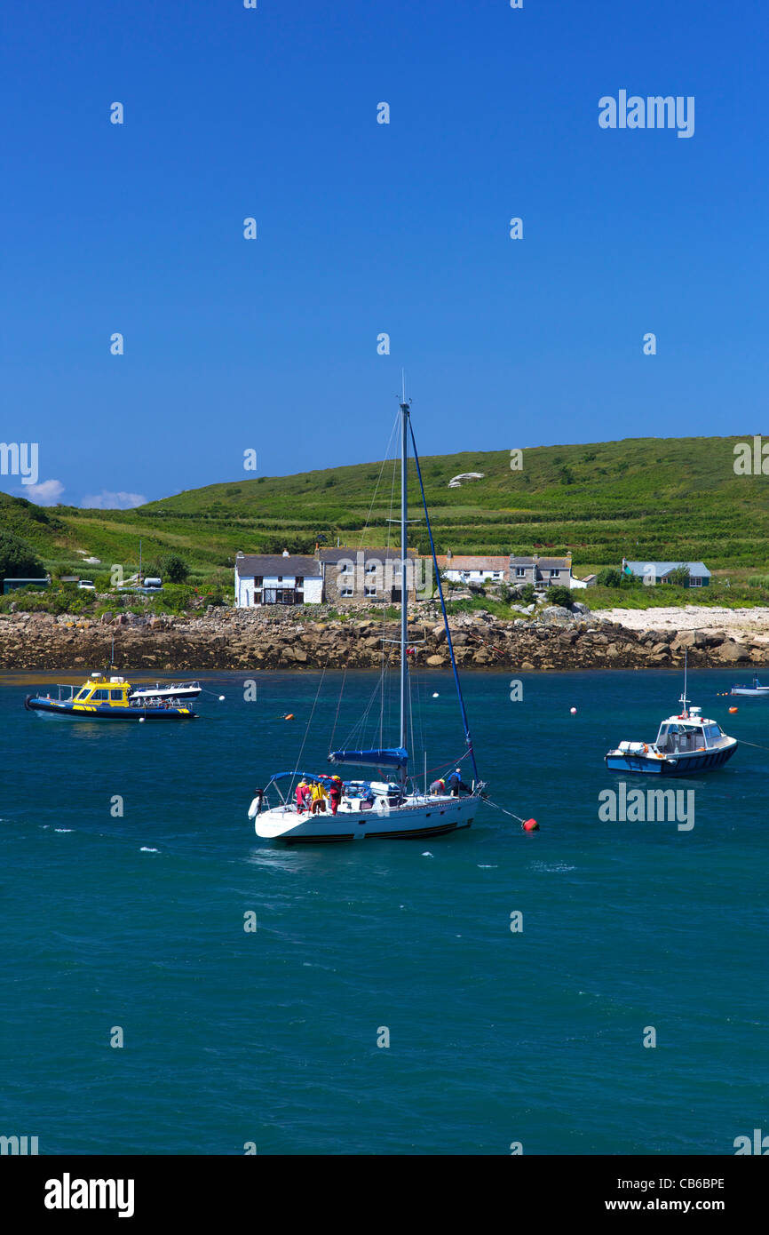 Yachts and boats moored near the Island of Bryher, Isles of Scilly, Cornwall, England, UK, GB, Great Britain, British Isles, Eur Stock Photo
