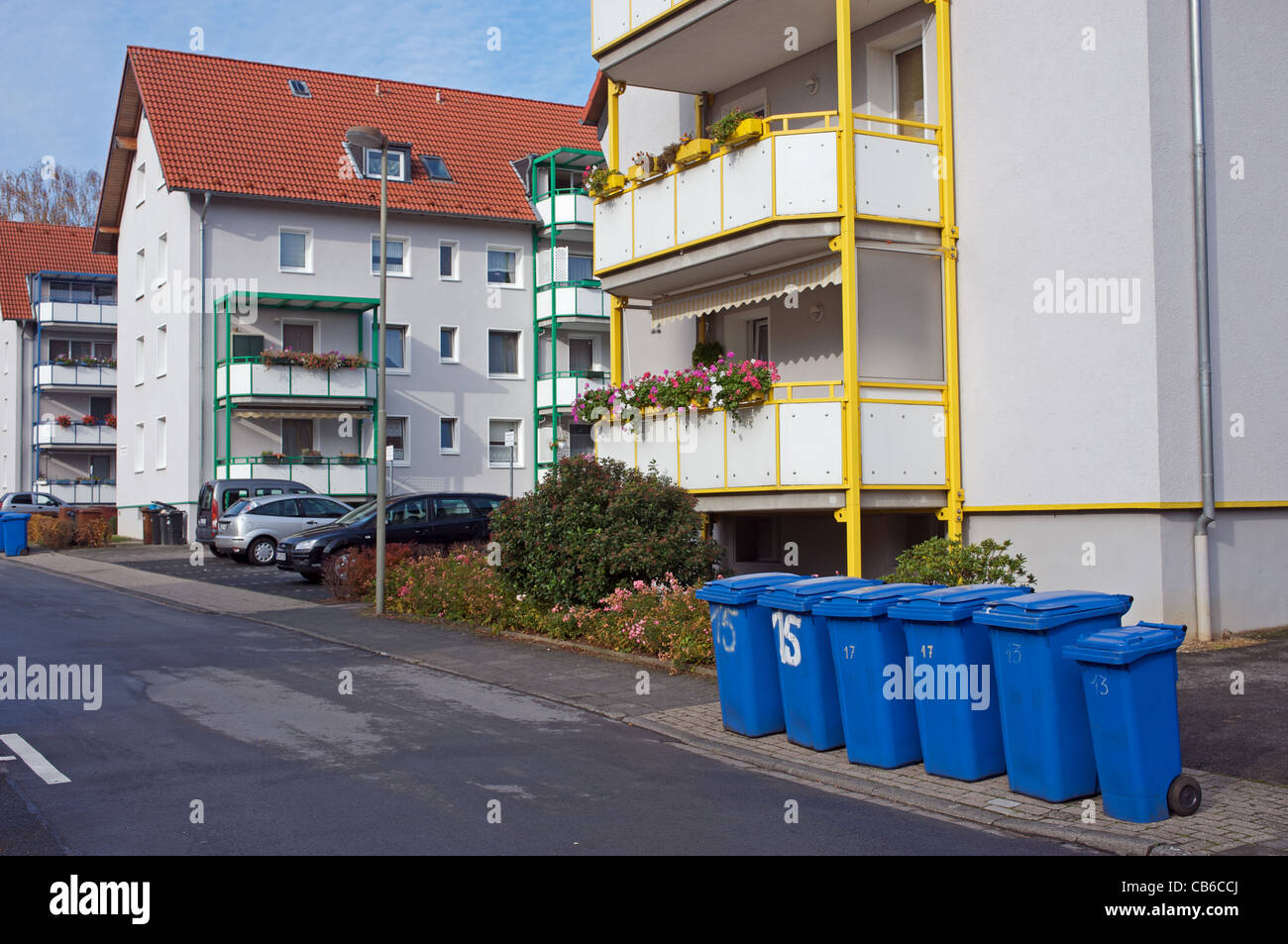 Household waste bins ready for collection Stock Photo Alamy