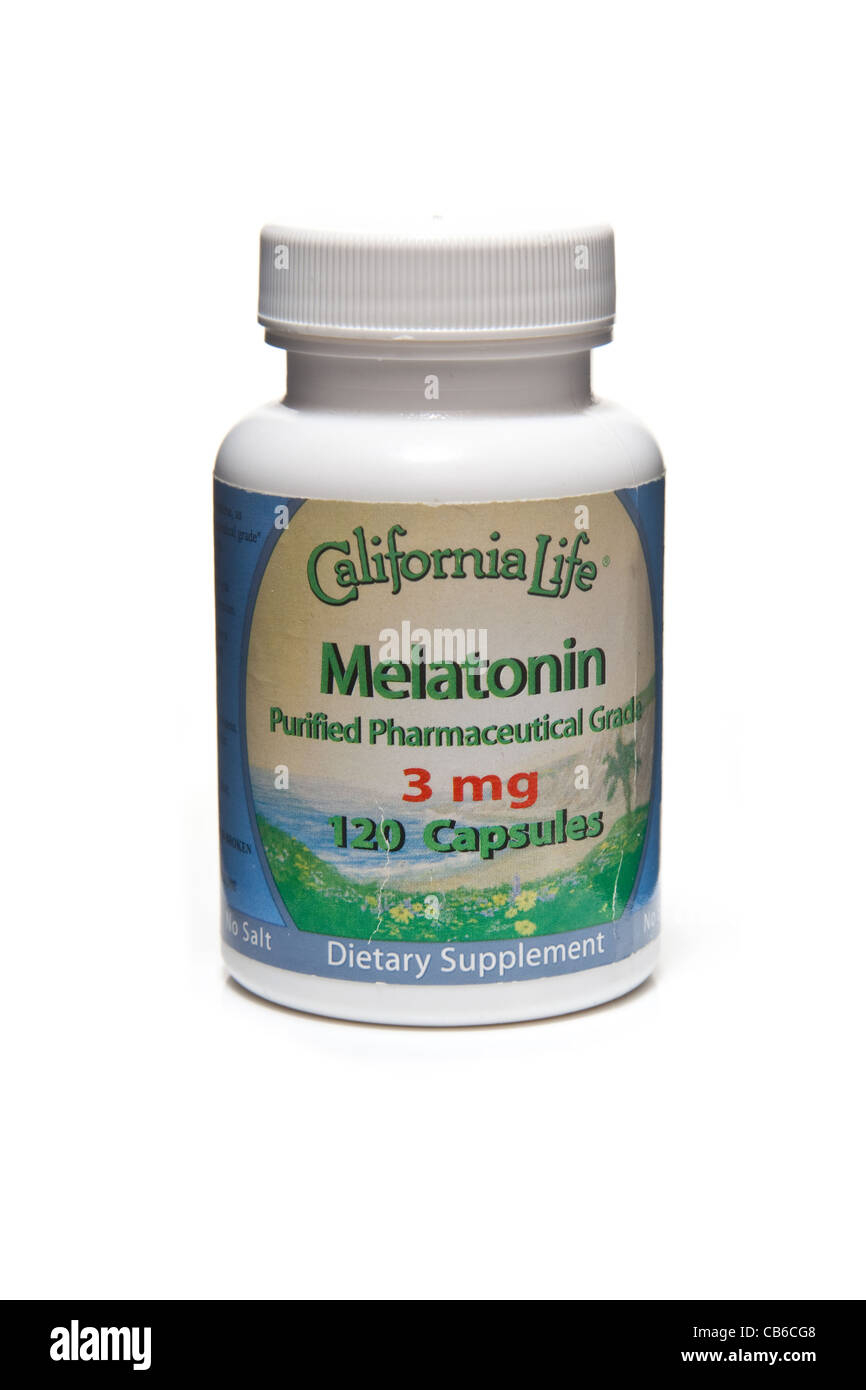 Melatonin - N-acetyl-5-methoxytryptamine is a hormone supplement used for insomnia and jet lag Stock Photo