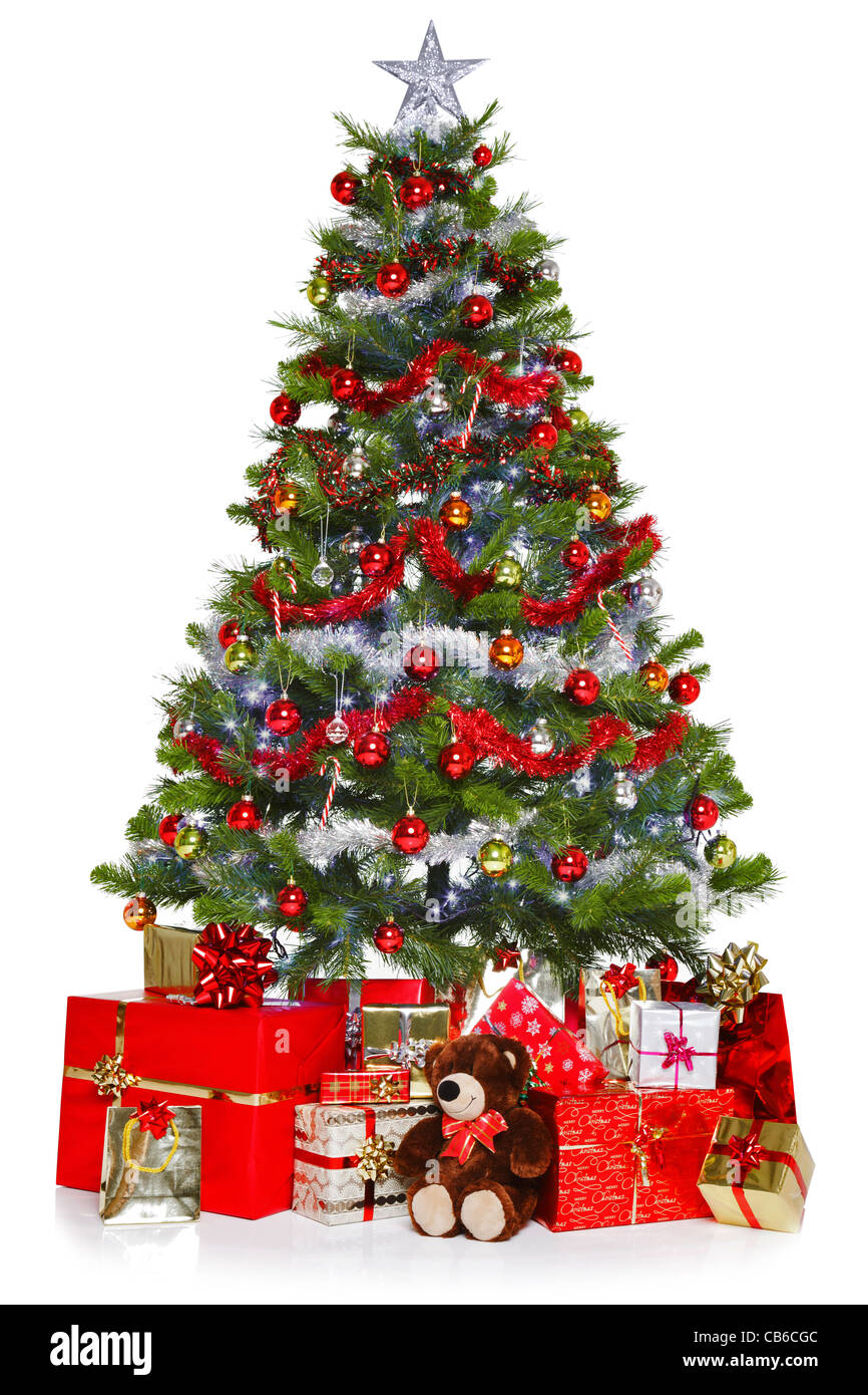 Photo of a Christmas tree with decorations and lights surrounded by