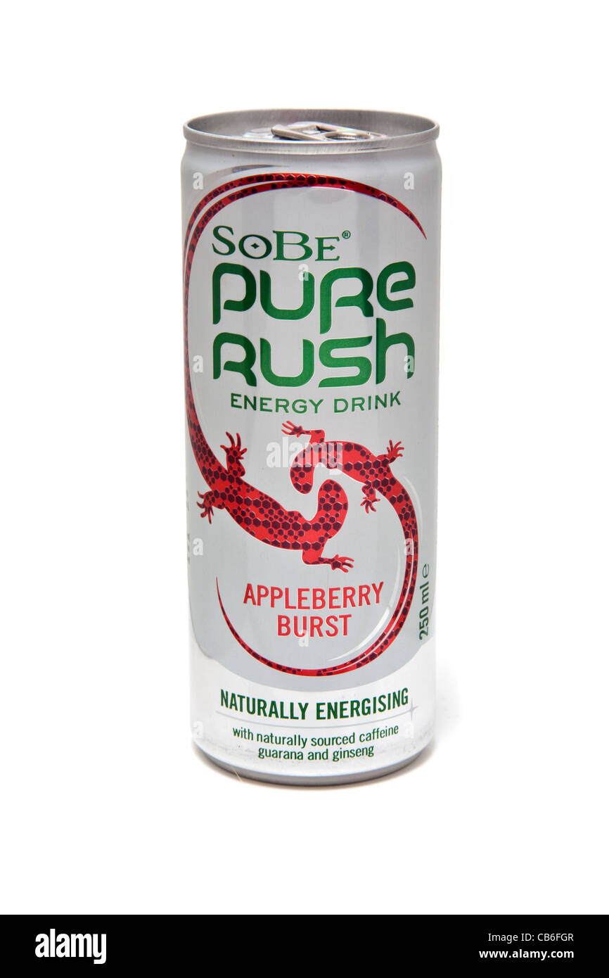 Sobe Pure Rush energy drink isolated on a white studio background. Stock Photo