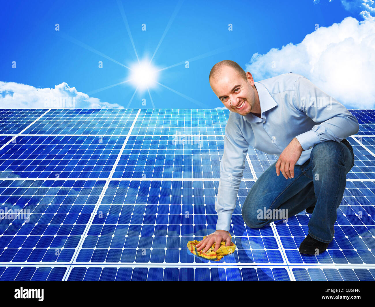 3d image of classic solar panel and smiling cleaner Stock Photo