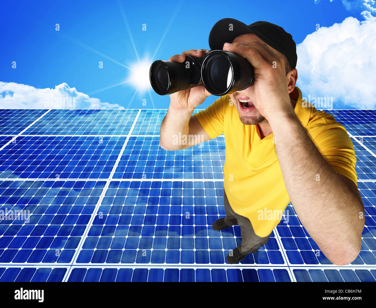 3d image of classic solar panel and man with binocular Stock Photo