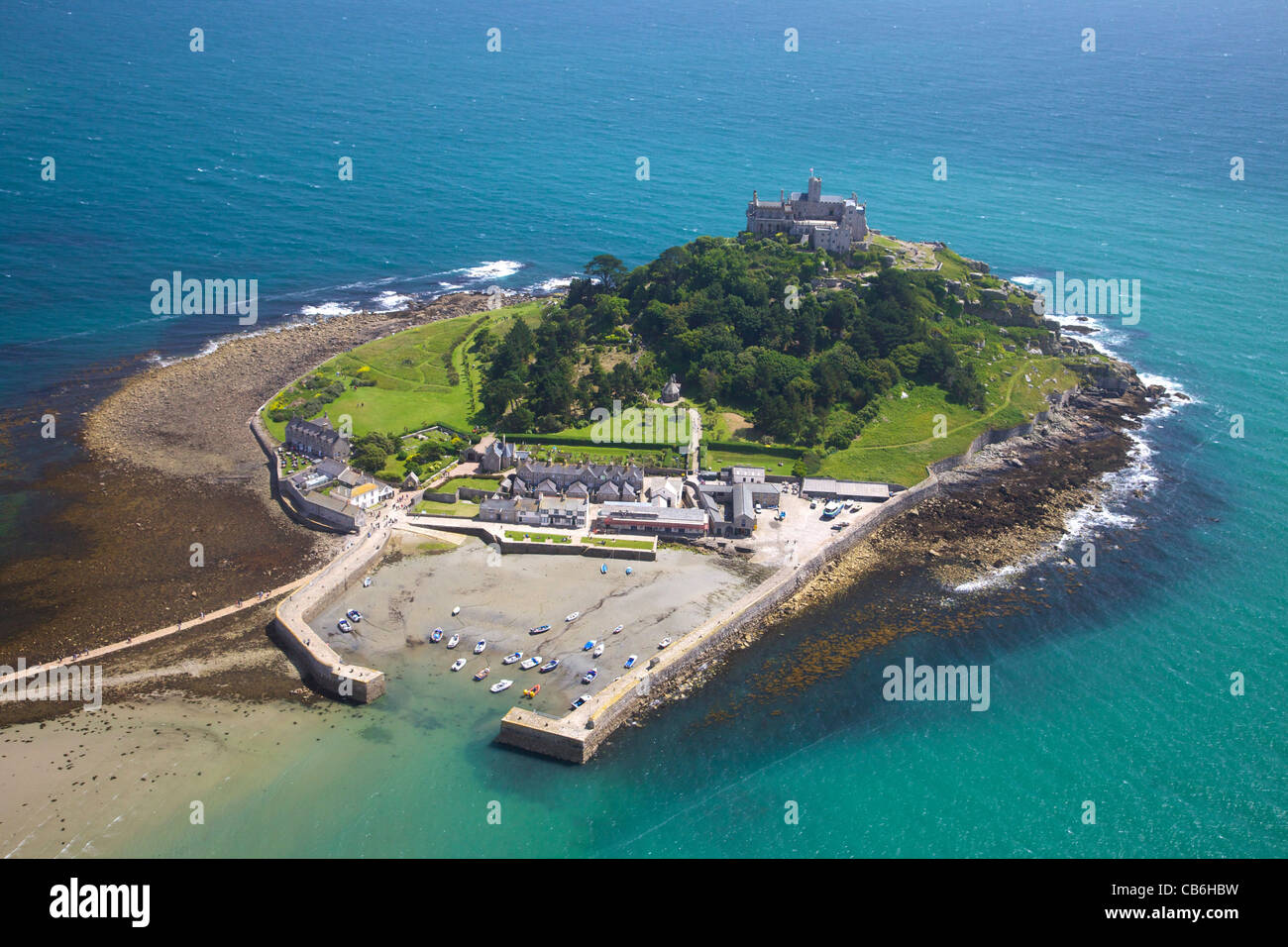 Aerial photo of  St Michael's Mount, Penzance, Lands End Peninsula, West Penwith, Cornwall, England, UK, United Kingdom, GB, Stock Photo