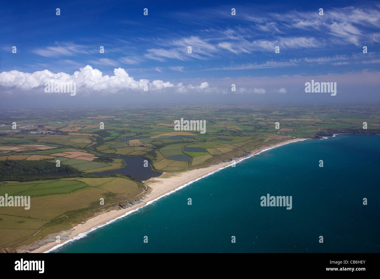 Aerial view of Porthleven Sands, The Loe and Carminowe Creek, Lizard