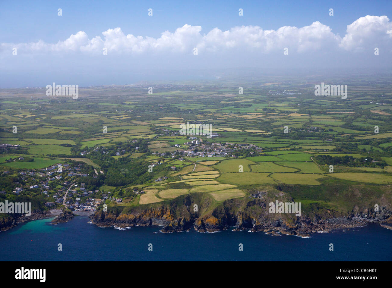 Aerial view of Cadgwith, Lizard Peninsula, in summer sun, Cornwall