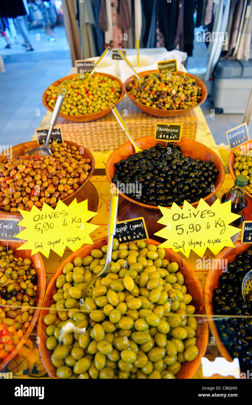 Olives Display Farmer's Market Toulon France French Riviera Mediterranean Europe Harbor Stock