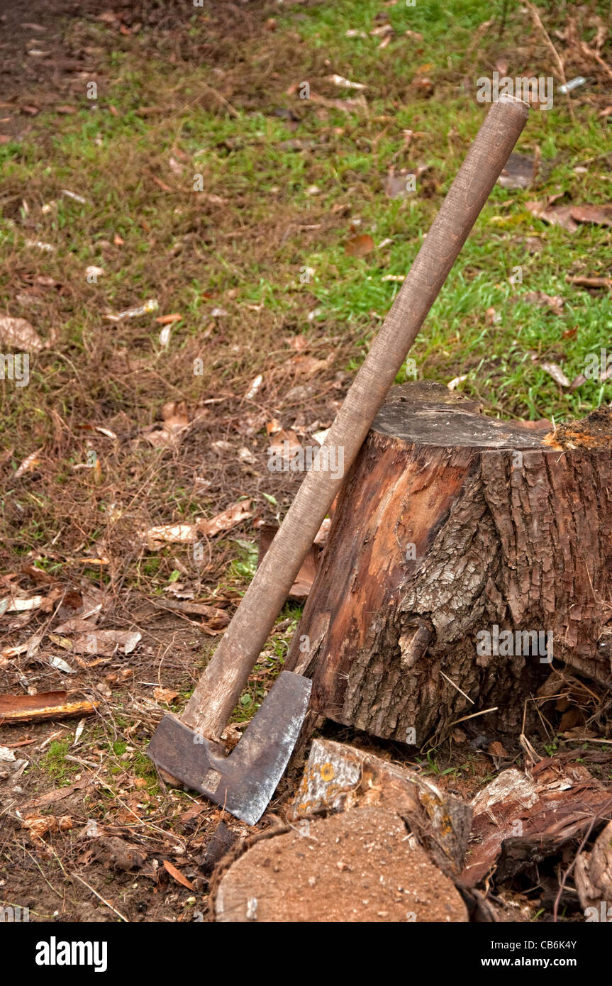 Heavy axe near a stack of wood Stock Photo