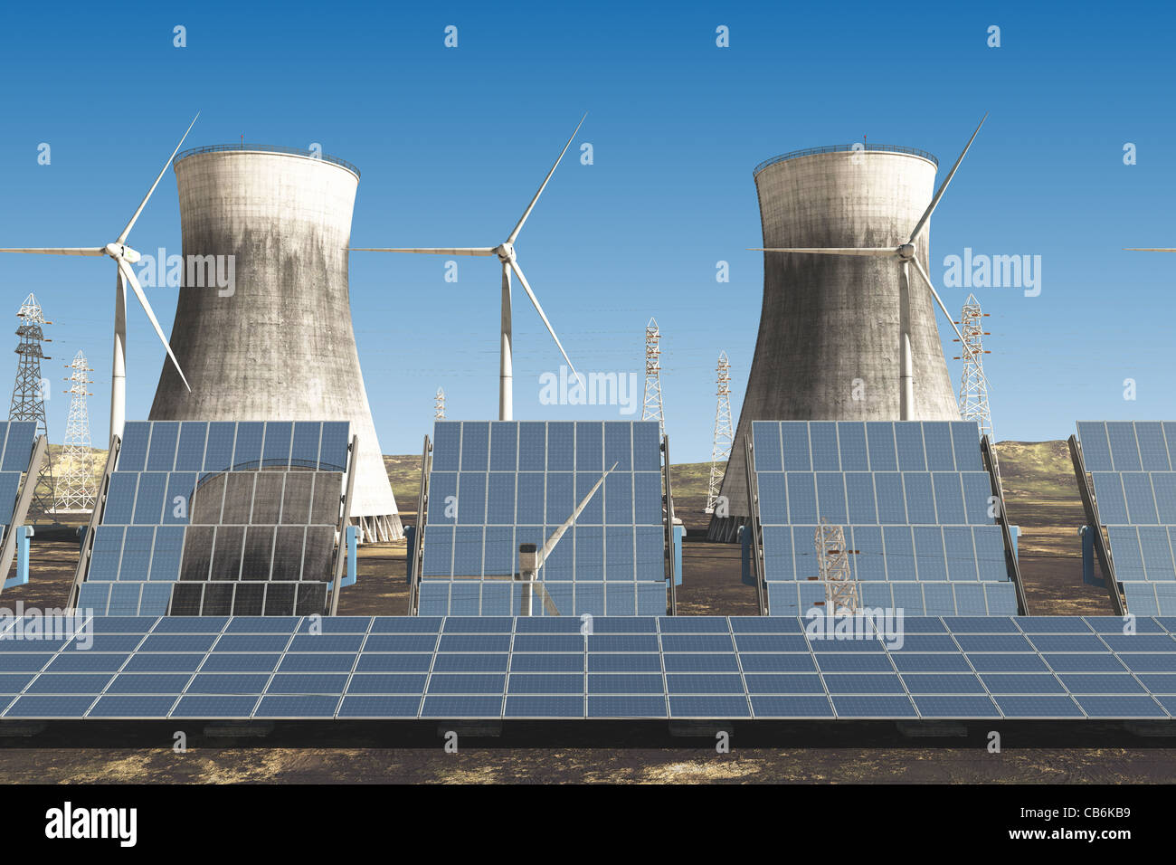 Solar panels Wind Turbines Nuclear Cooling Towers and High Voltage Electric Poles under cloudy blue sky 3D render Energy Concept Stock Photo