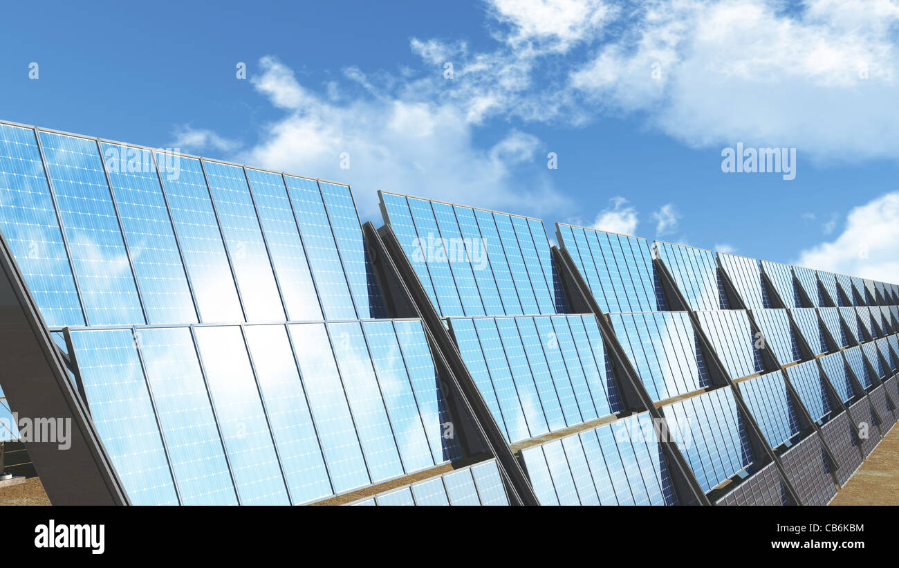 Solar panels and under cloudy blue sky 3D render Energy Concept Stock Photo