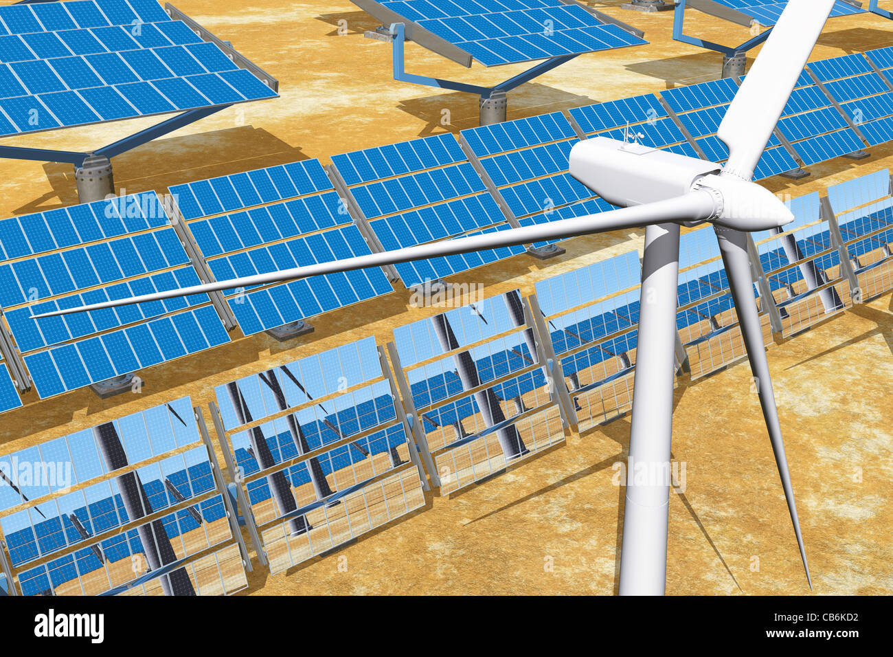 Solar panels and Wind Turbines 3D render Energy Concept Stock Photo