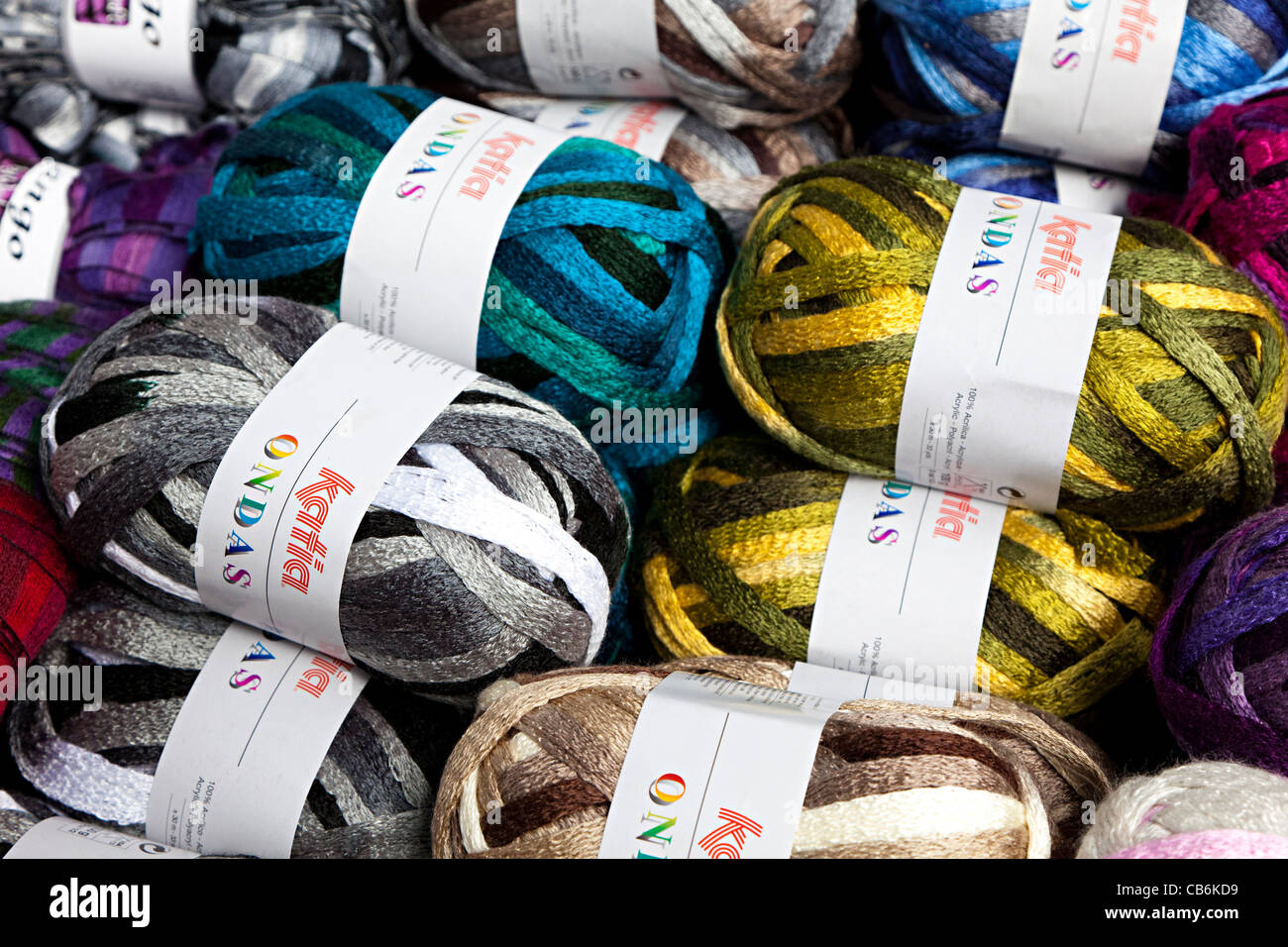 Balls of wool knitting yarns in acrylic mixes on sale Stock Photo