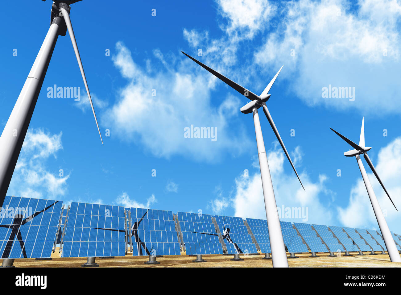 Solar panels and Wind Turbines under cloudy blue sky 3D render Energy Concept Stock Photo