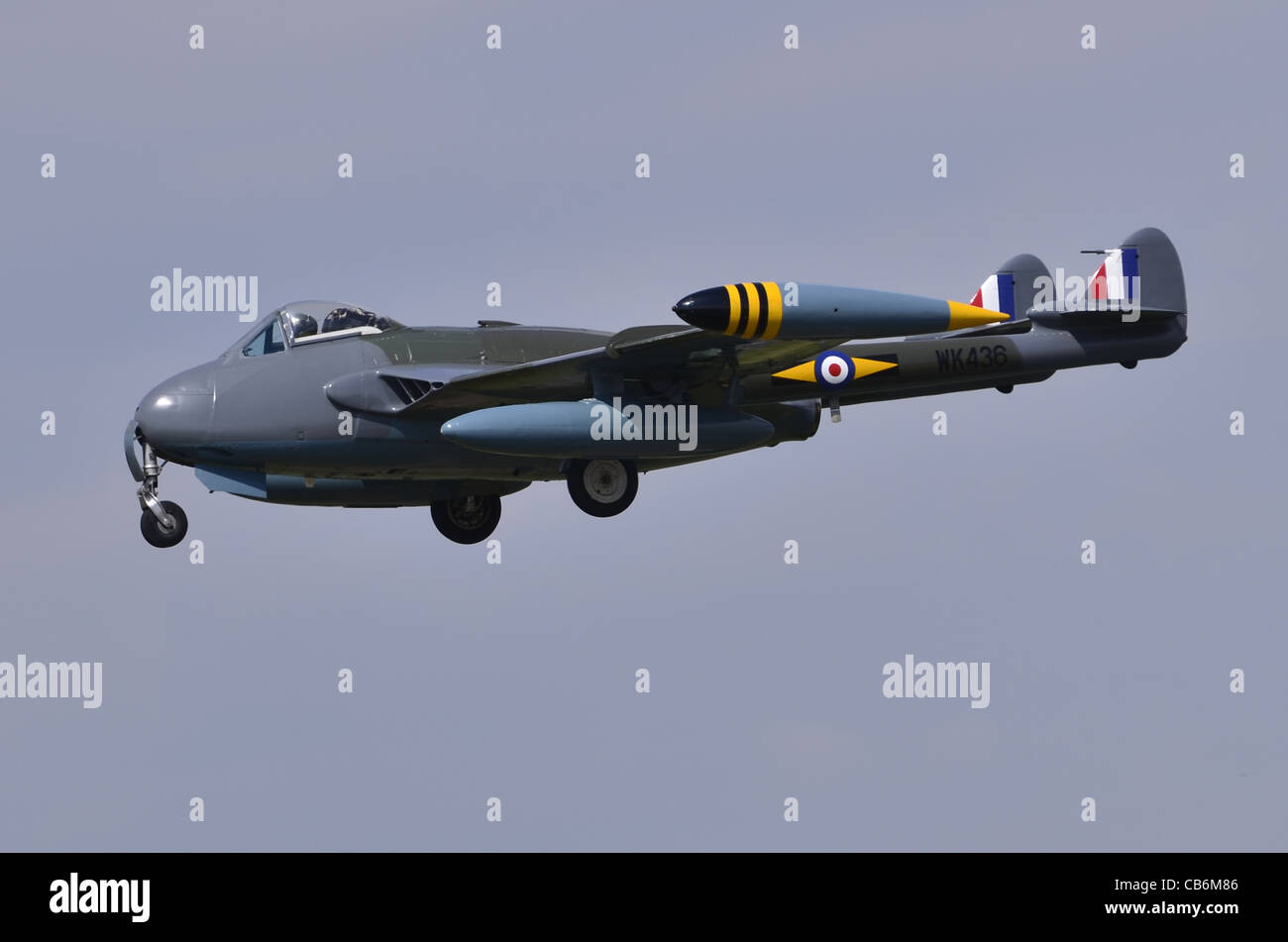 De Havilland Venom FB.50 aircraft in the markings of 11 Squadron, RAF, on approach for landing at RAF Fairford, UK Stock Photo