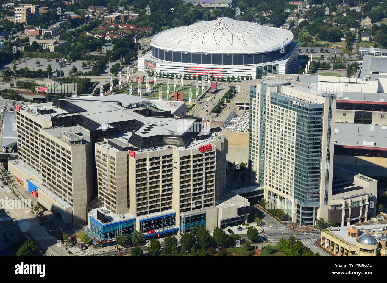 Aerial view of landmark Atlanta, Georgia buildings including Omni Hotel, CNN  Center, and Georgia Dome. Stock Photo