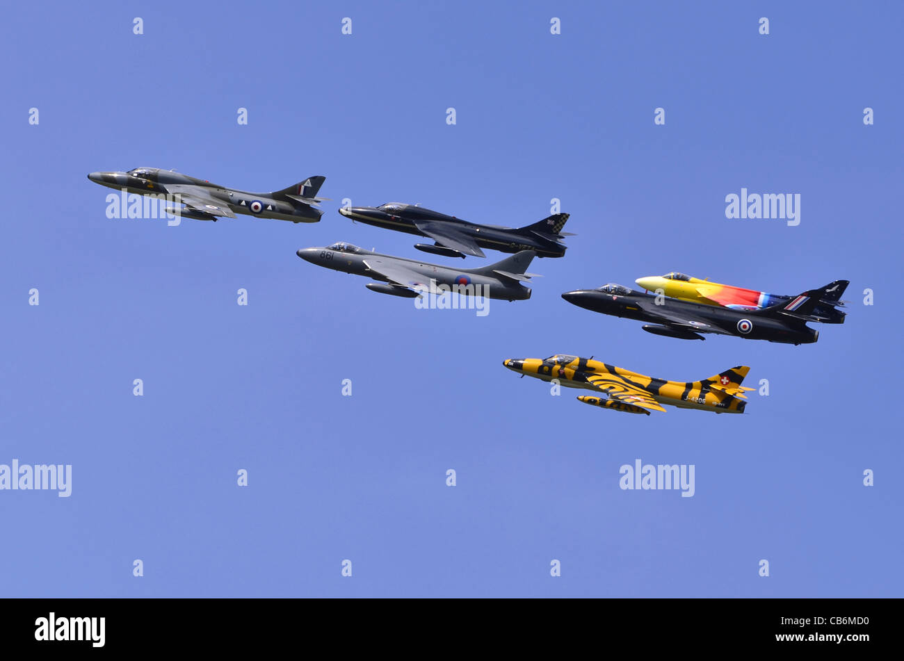 Hawker Hunter aircraft formation flypast at RAF Fairford, UK. Stock Photo