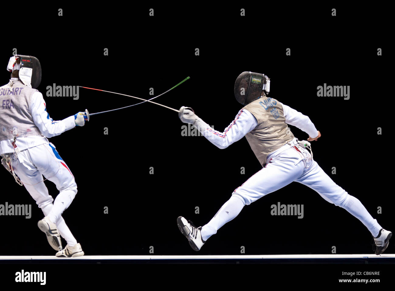 Final of the team foil fencing at the Olympic test event, London's ExCeL arena. Won by Team GB. Stock Photo