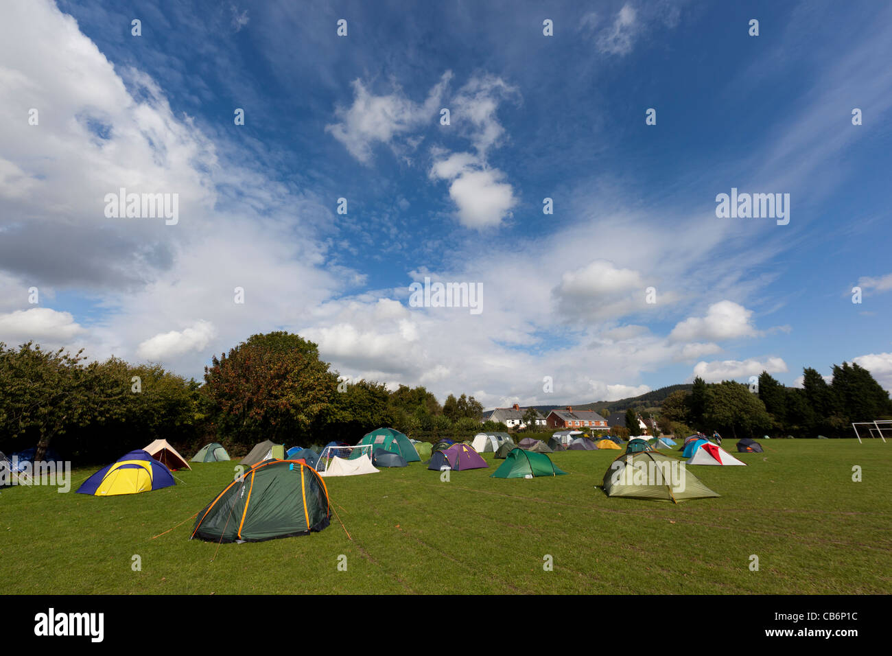 Camping field at edge of town Wales UK Stock Photo