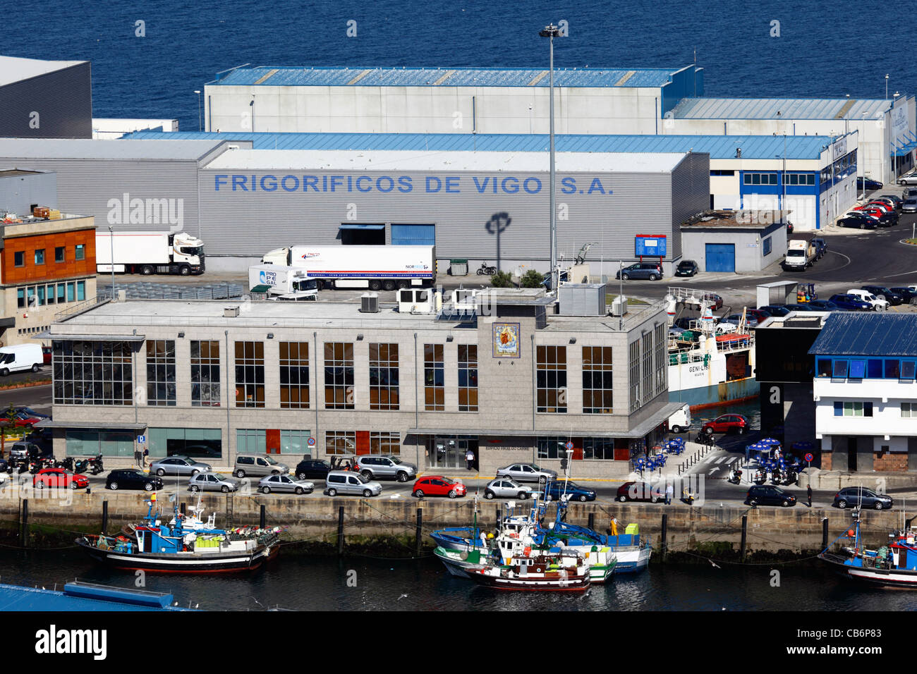 View over fishing port and fish freezing factories , Vigo , Galicia , Spain Stock Photo