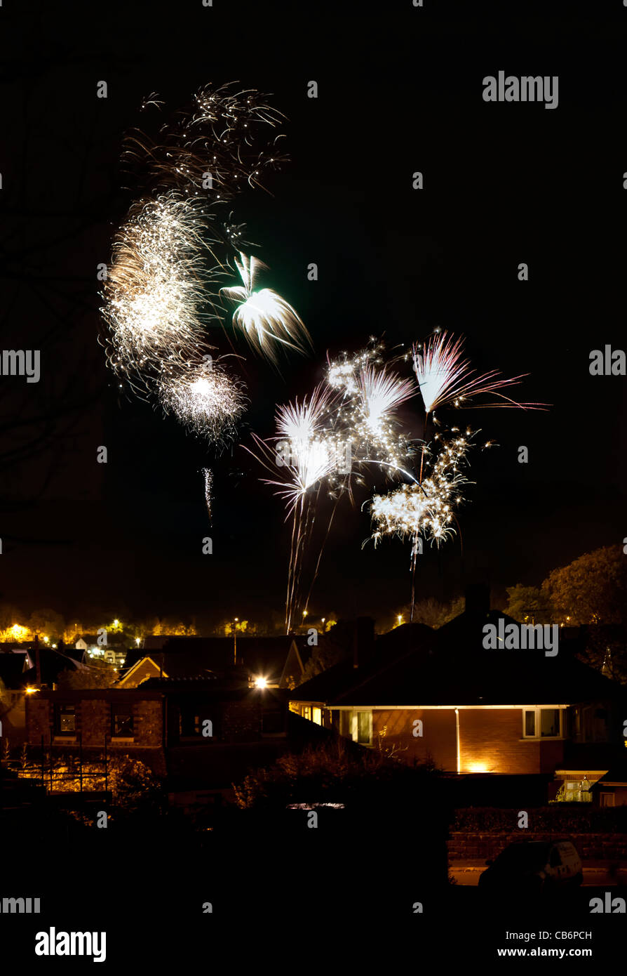 Fireworks over village houses Wales UK Stock Photo Alamy