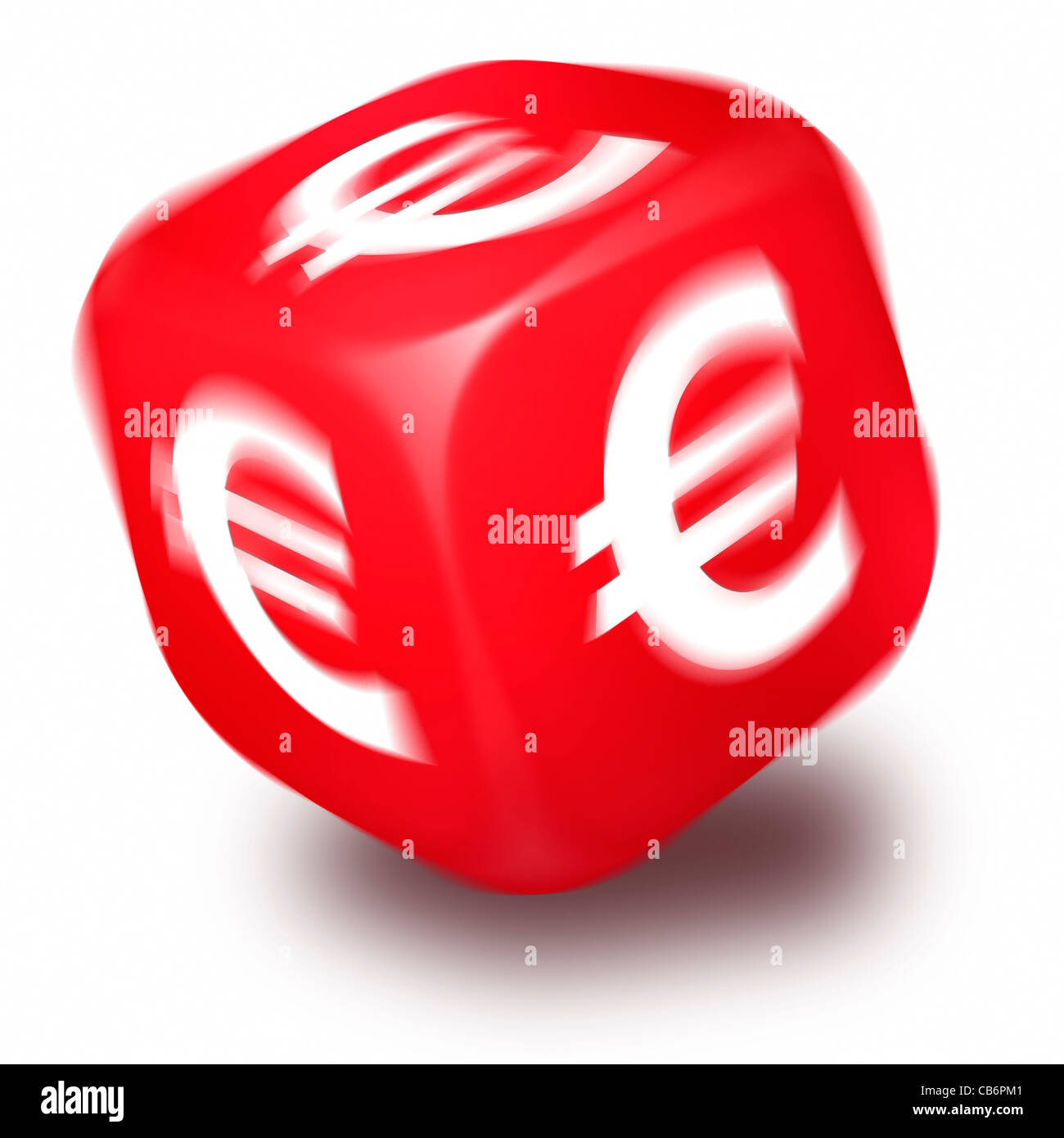 Spinning red dice with the Euro symbol printed on each face Stock Photo