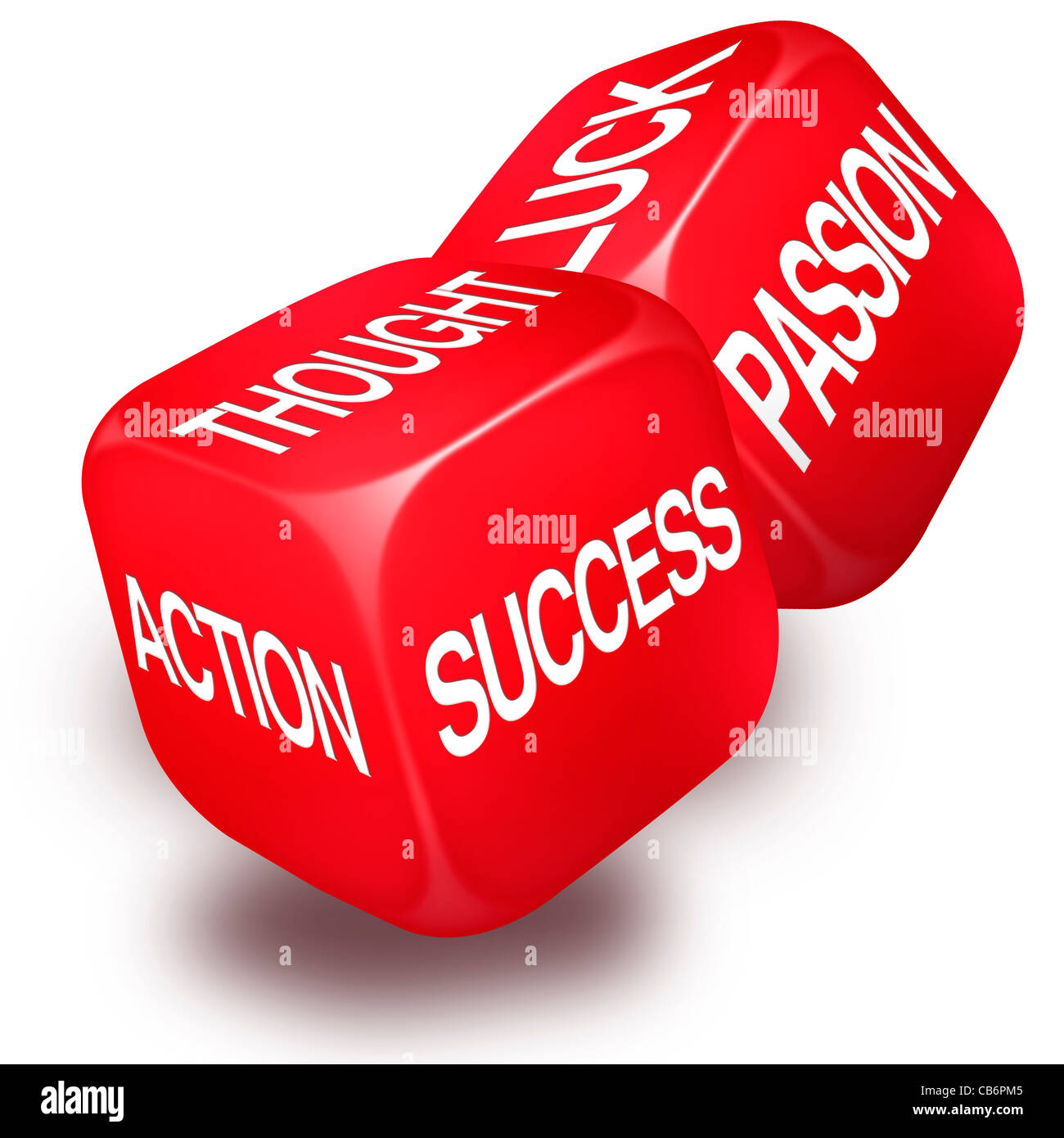Pair of rolling dice with the words Thought, Action, Luck Passion and