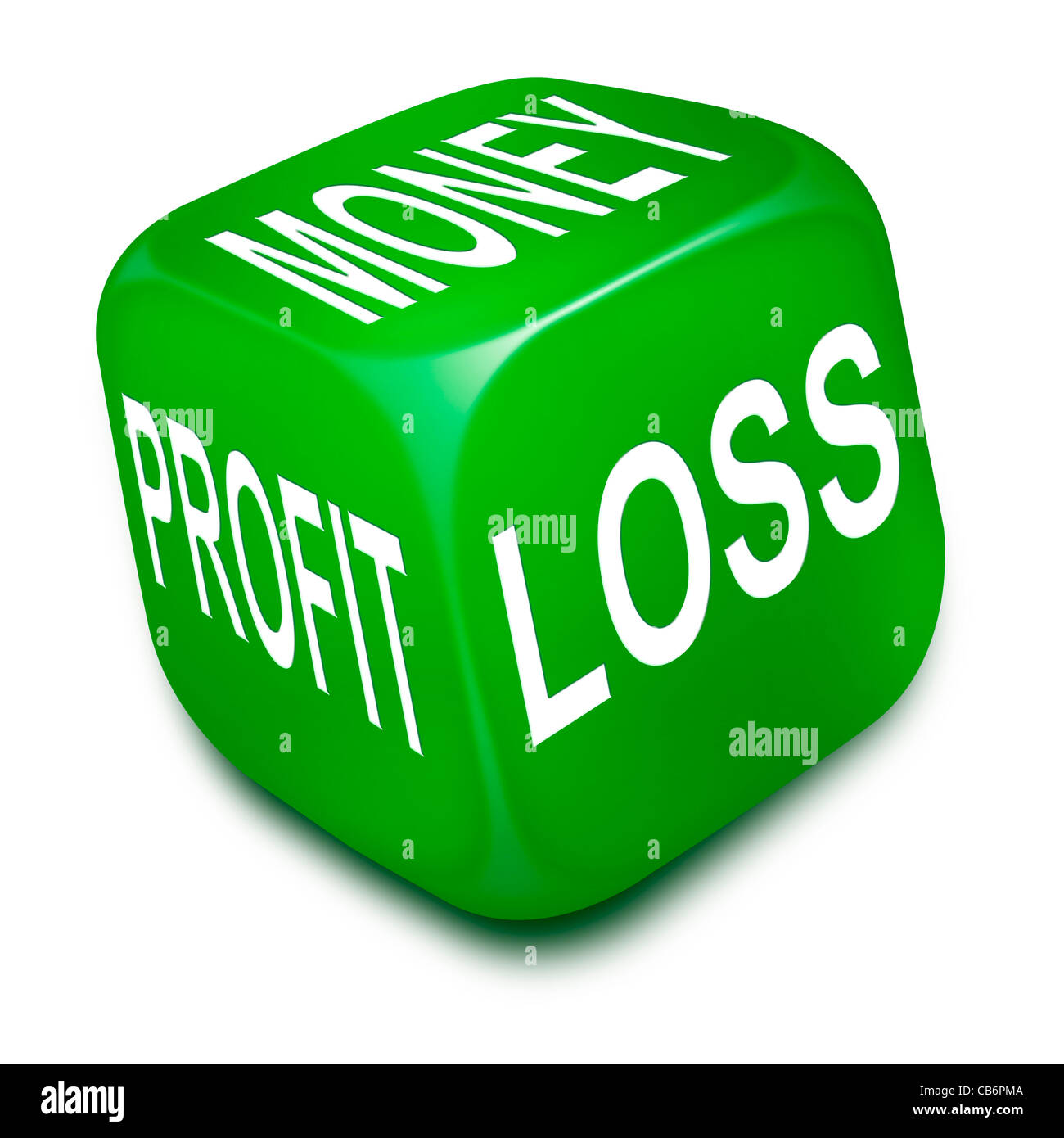 Green dice with the words MONEY, PROFIT and LOSS printed on its sides Stock Photo