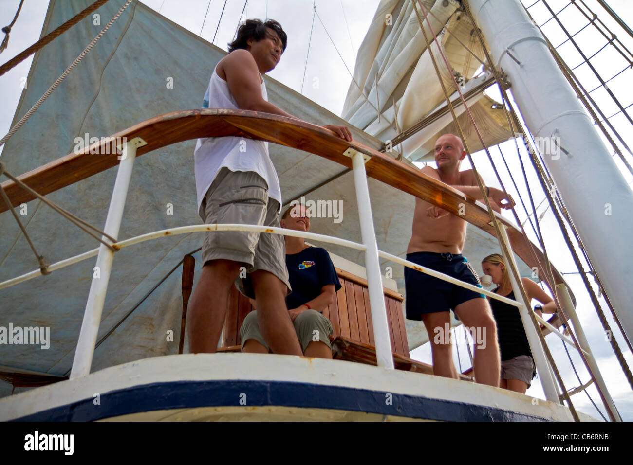 Tourist chatting on deck of steel yacht stahlratte Stock Photo