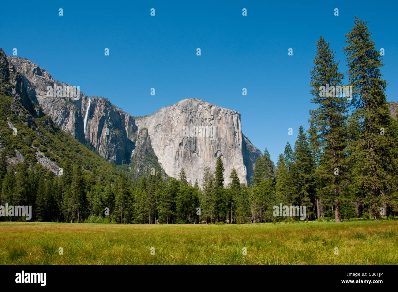 El Capitan, meadow, and Ribbon Falls in Yosemite Valley in Yosemite ...