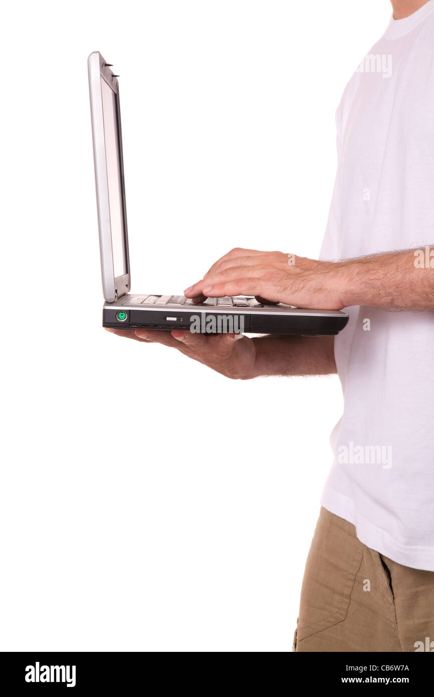 hands of teen with laptop, isolated on white background Stock Photo