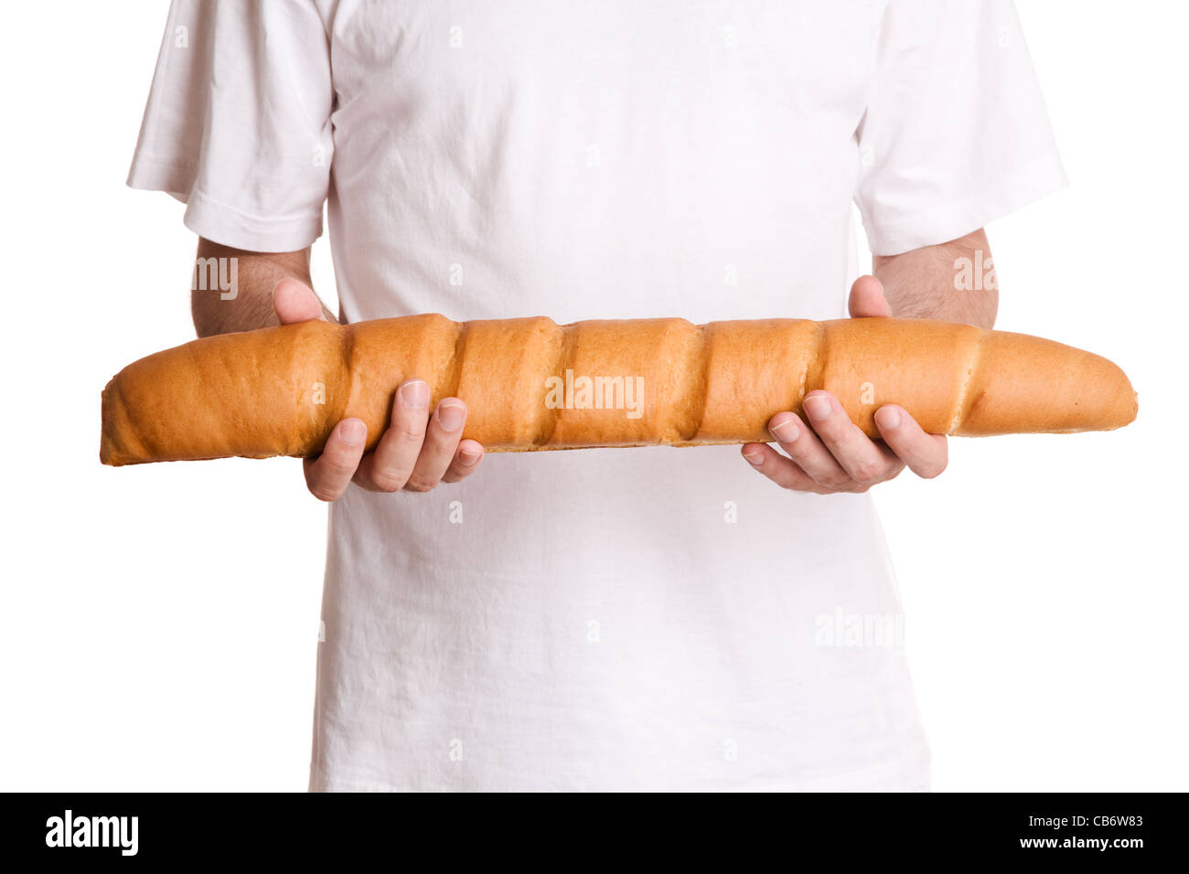 man with long loaf isolated on white background Stock Photo