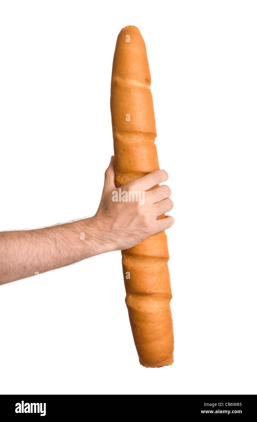 hand with long loaf isolated on white background Stock Photo