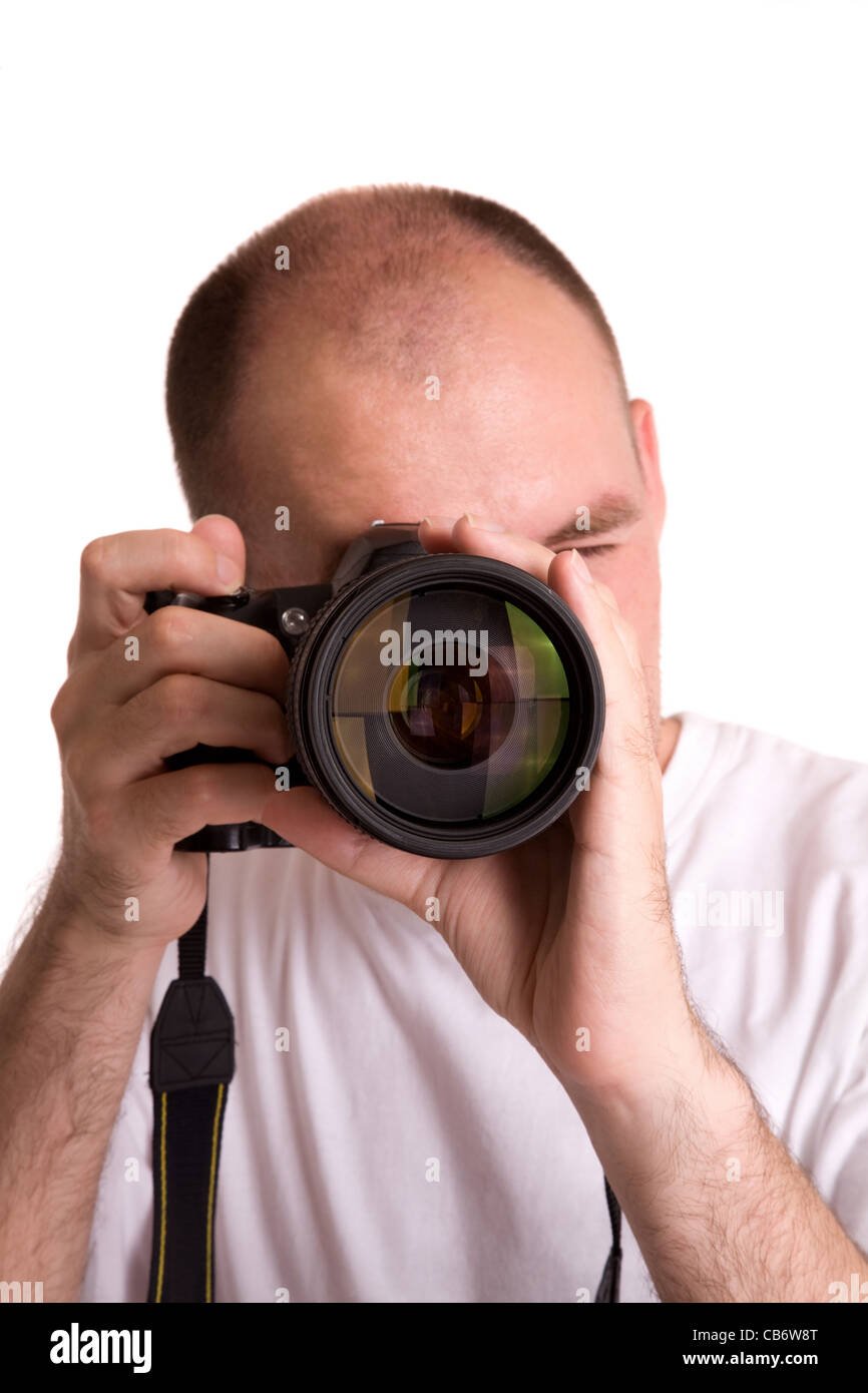 photographer with telephoto isolated on white background Stock Photo