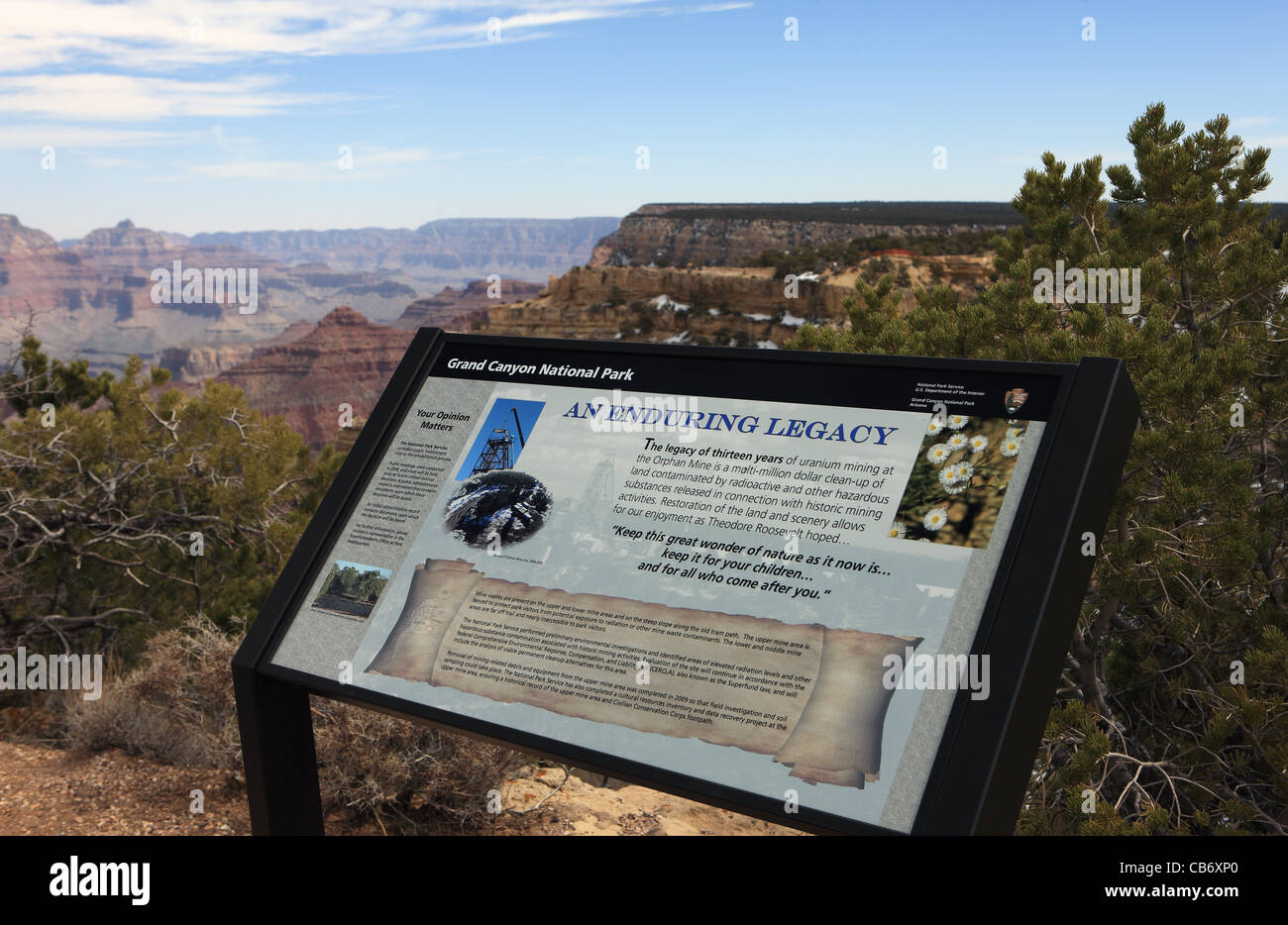Viewpoint on the South Rim of the Grand Canyon National Park where you can see the area of the old Orphan Uranium Mine Stock Photo