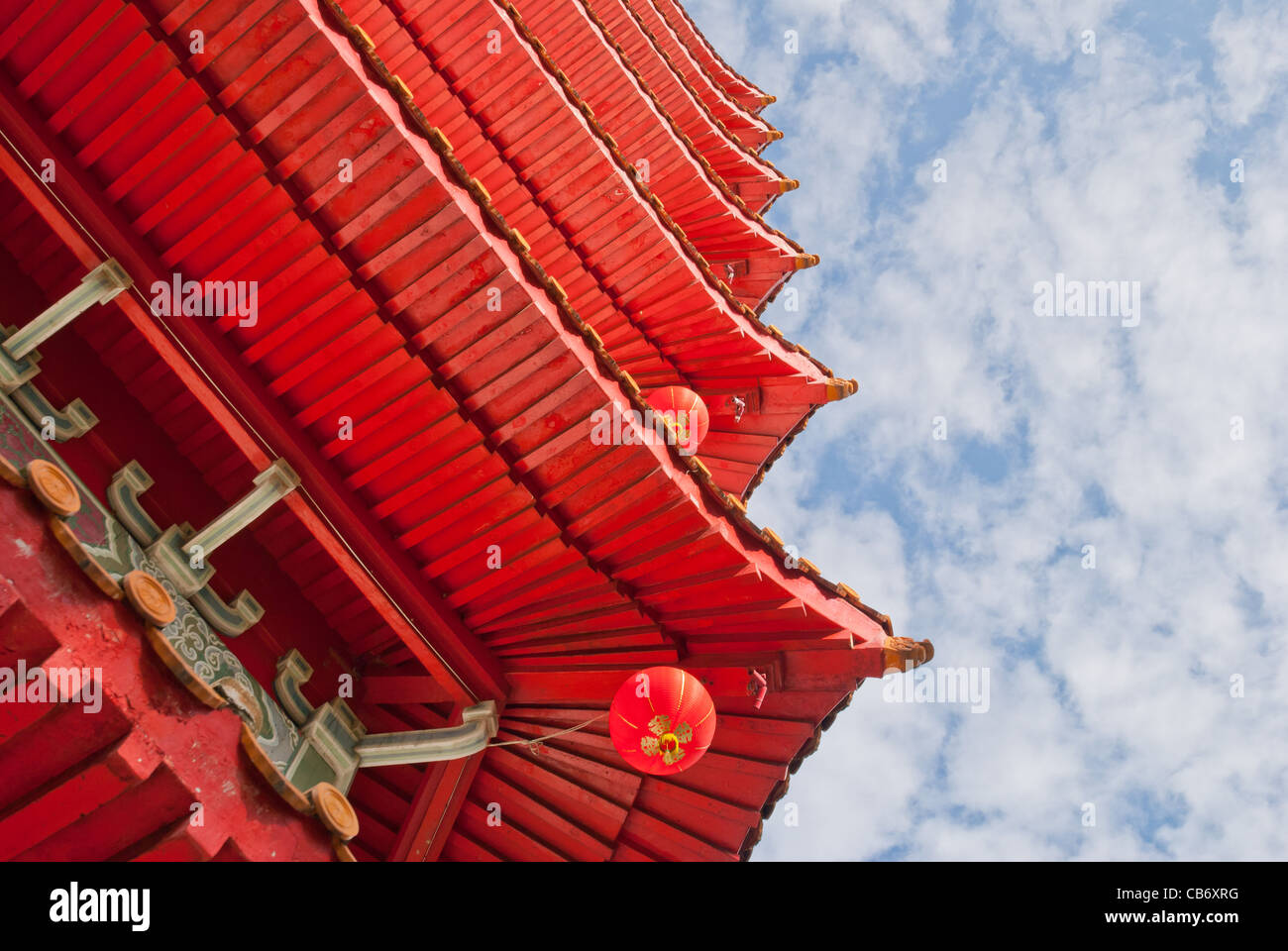 Closeup of traditional Oriental Chinese architectural details against beautiful sky. Stock Photo