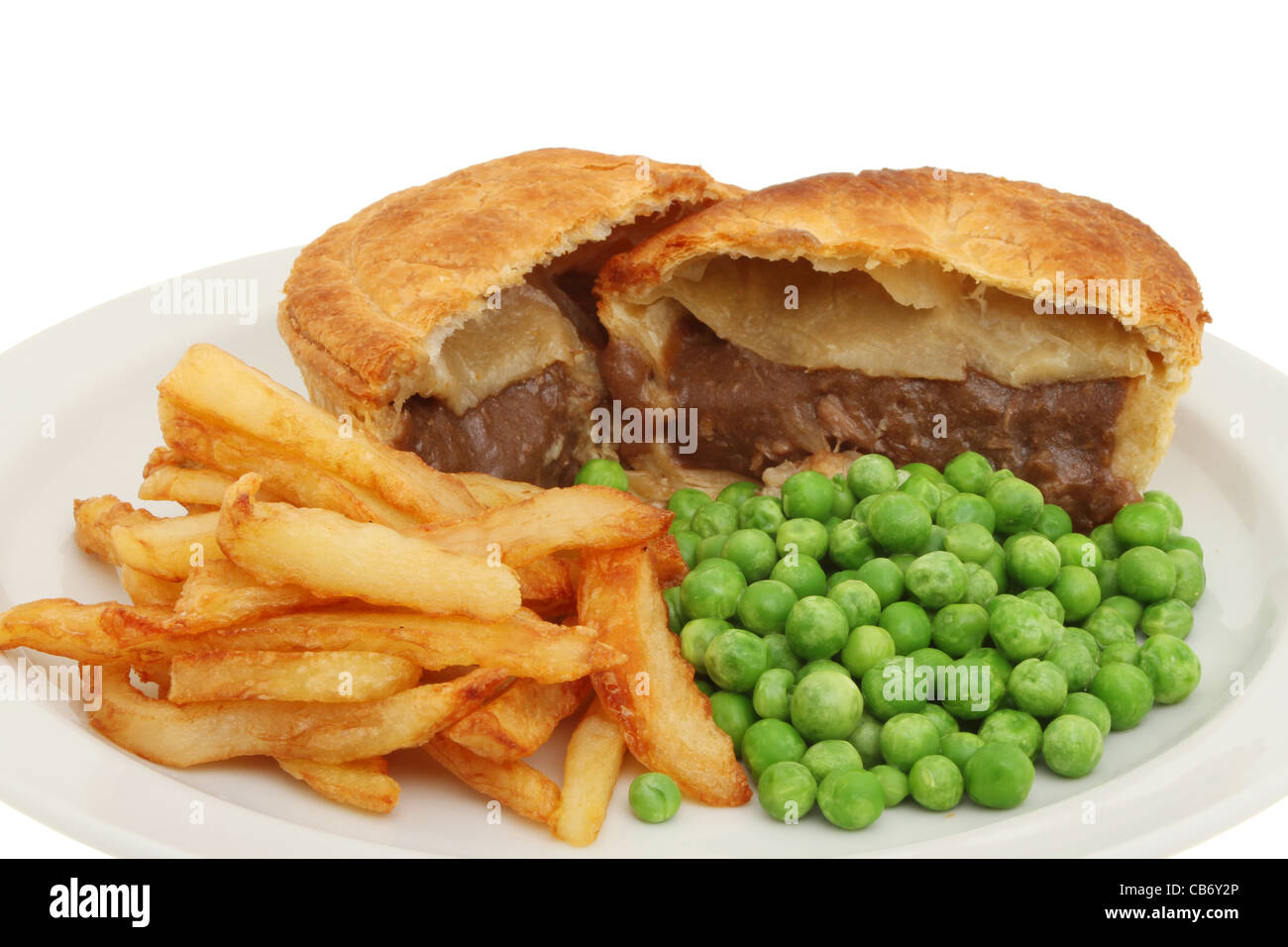 Closeup of meat pie chips and peas on a plate Stock Photo