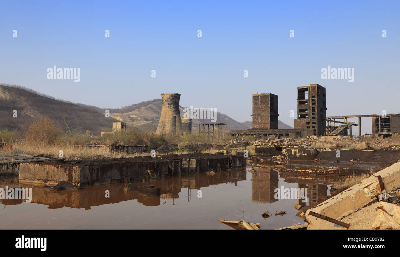 Ruins of a very heavily polluted industrial site at Copsa Mica,Romania. Stock Photo