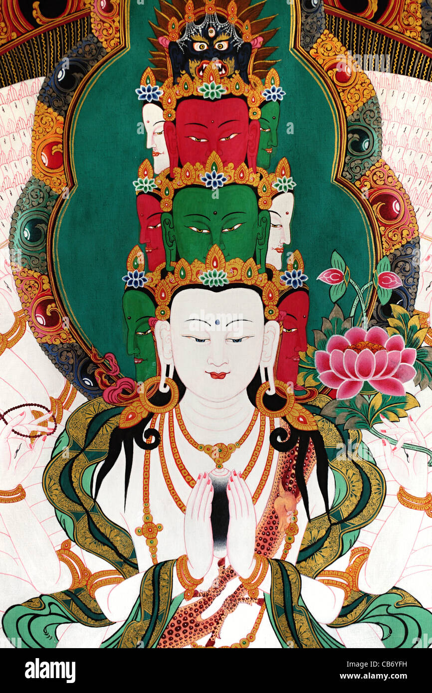Avalokiteshvara the Bodhisattva of Compassion thangka from Nepal. High quality painting. Stock Photo