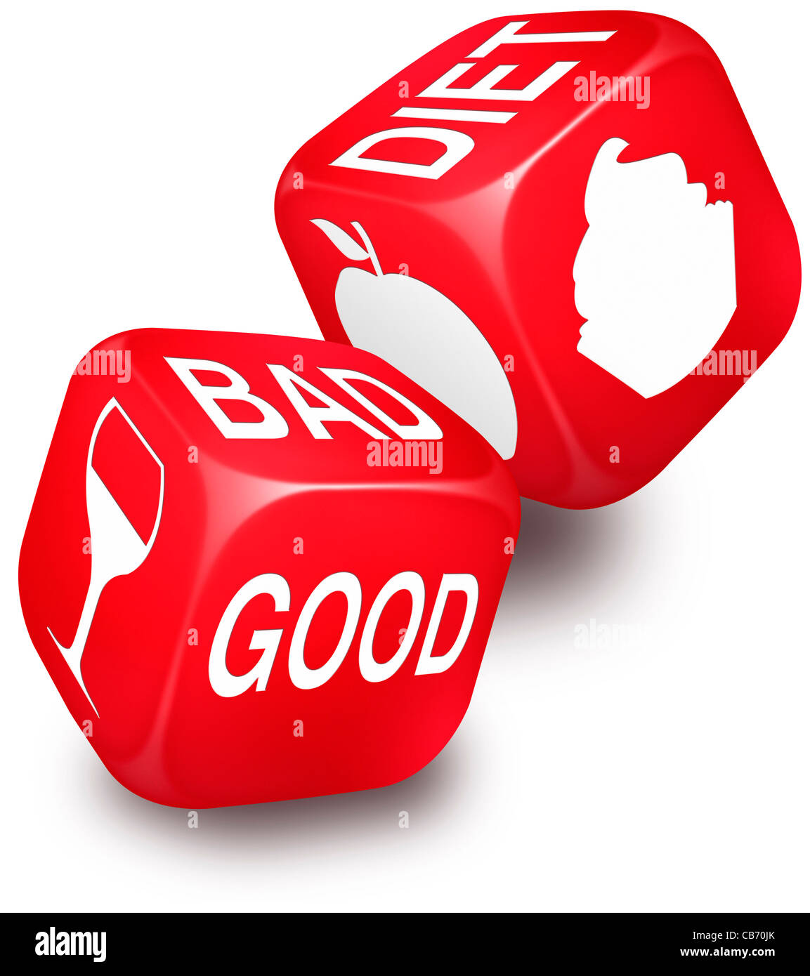 Pair of red dice with the words GOOD, BAD and DIET and the symbols for wine, an apple and a cupcake printed on it's sides. Stock Photo