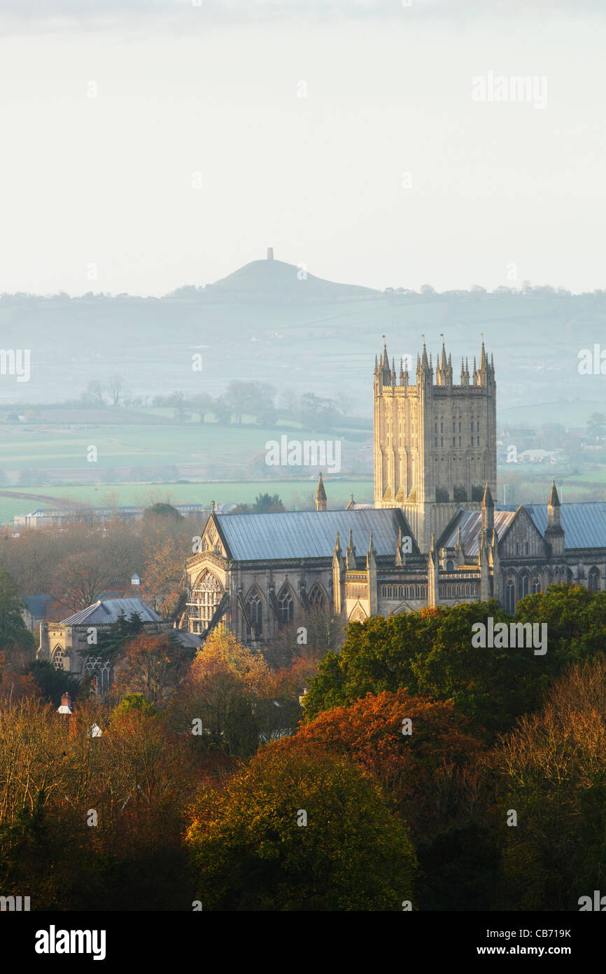 Wells Cathedral with Glastonbury Tor in the Distance. Autumn. Somerset. England. UK. Stock Photo