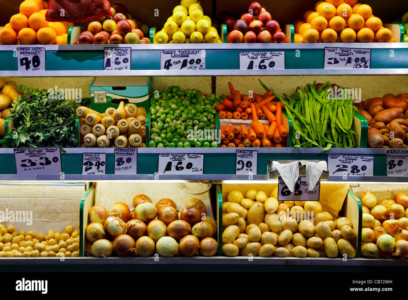 Photo of fresh organic fruit and vegetables on a farmers market stall. Stock Photo