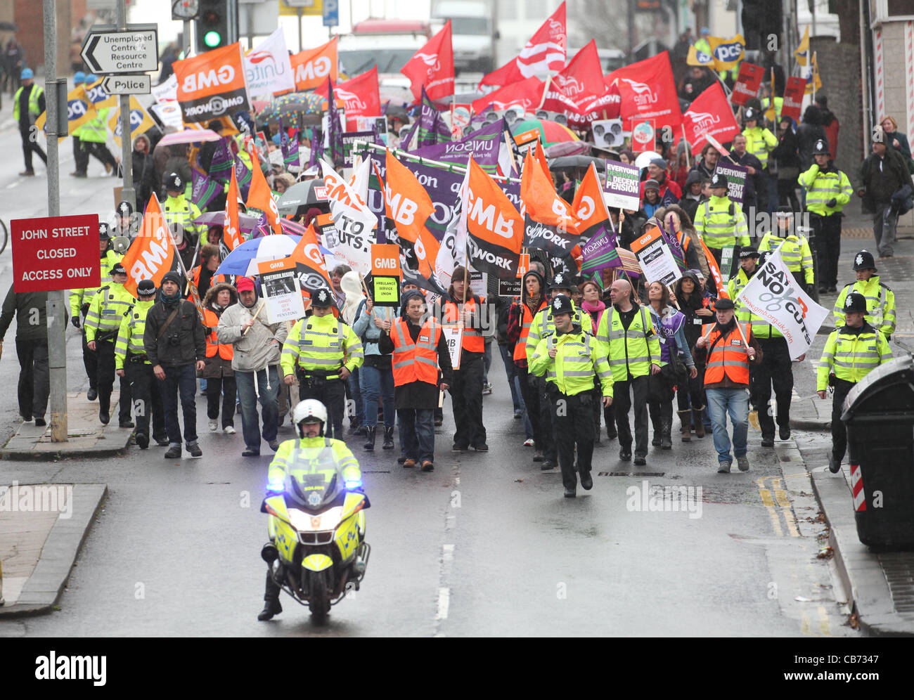 Public sector strikers march through the streets of Brighton during a National strike over pensions. Picture by James Boardman. Stock Photo