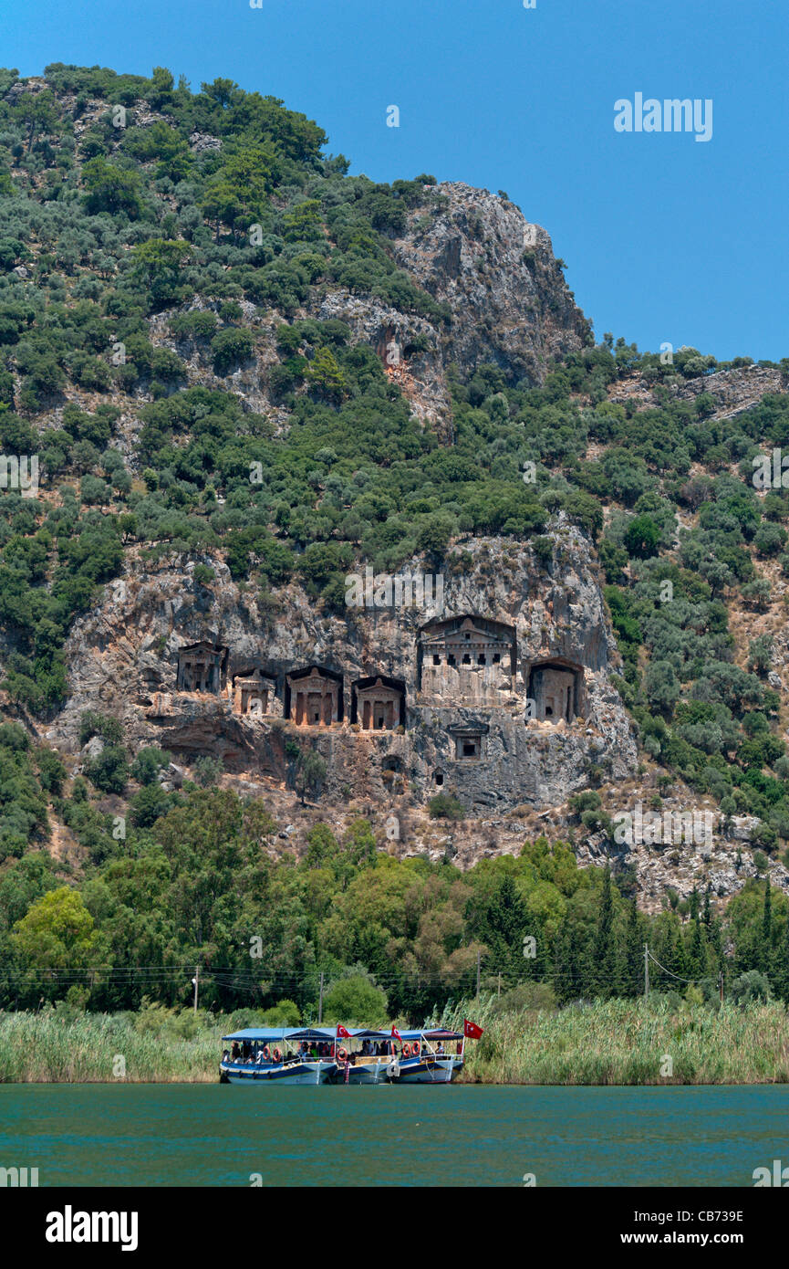 Rock tombs of ancient Caunos city, Dalyan River Fethiye Turkey Stock Photo