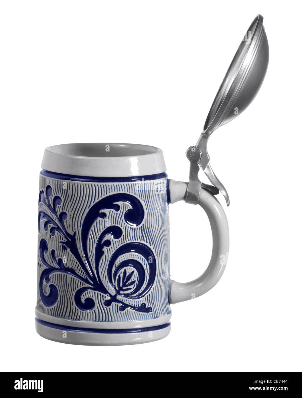 ceramic beer mug with metal cap in white back Stock Photo