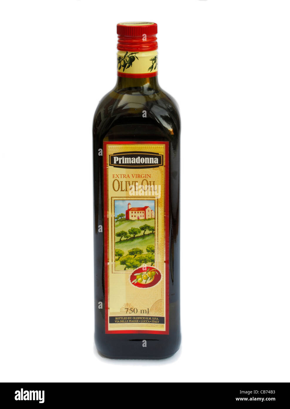 0.7 litre square glass bottle of extra virgin olive oil Primadonna brand sold by Lidl Stock Photo