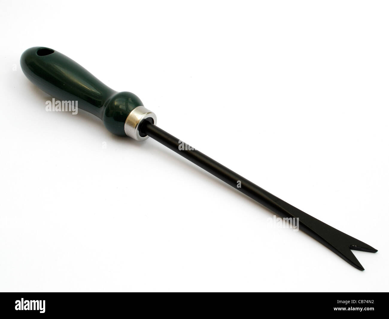 Cutout of garden spike tool for digging up weed roots on a white