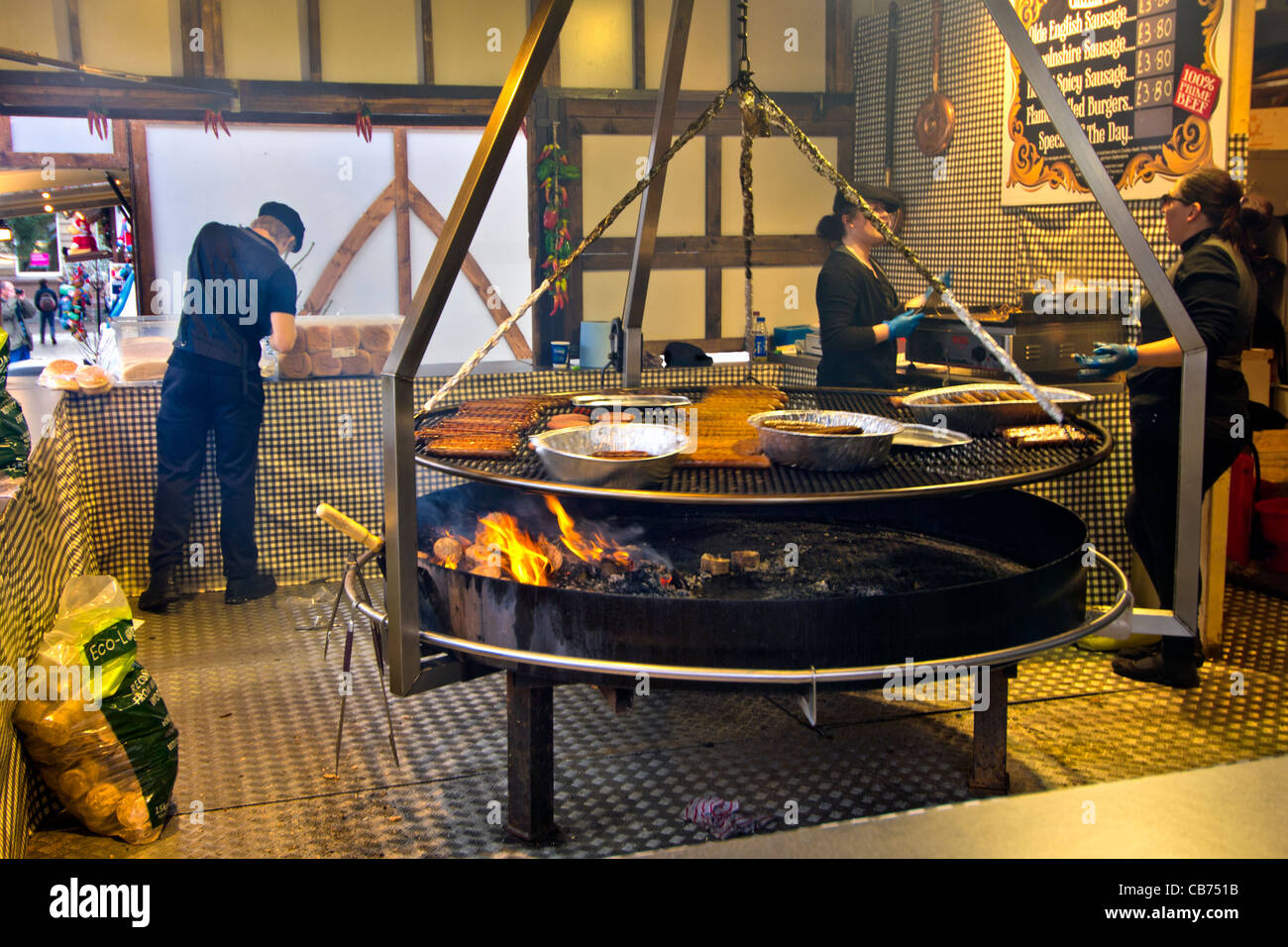 A 'Victorian' grill in operation at a Christmas Fayre in the Old Market