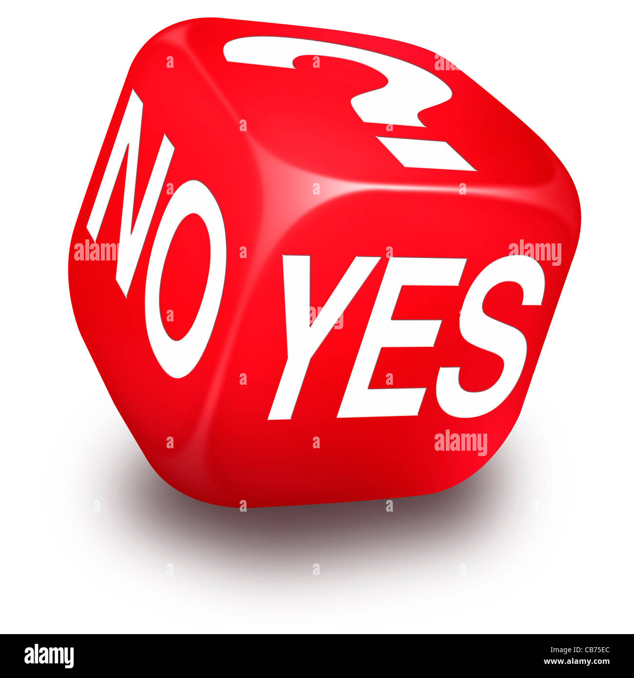 Rolling red dice with the words NO, YES and a question mark printed on its faces Stock Photo