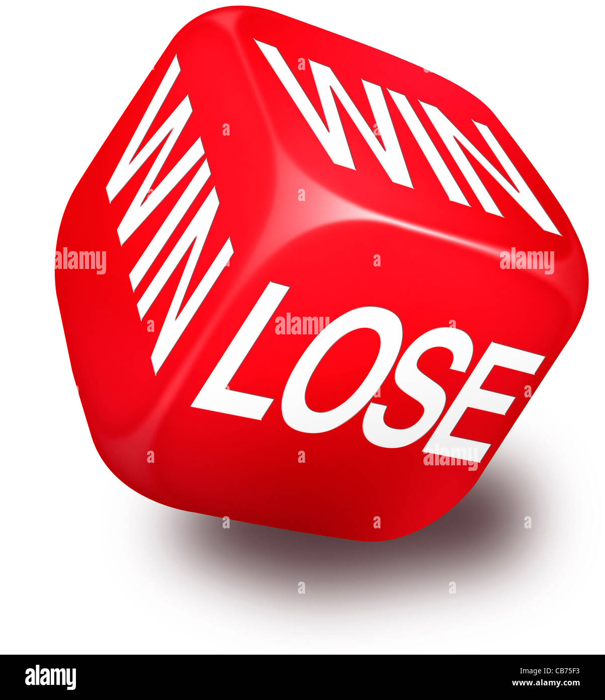 Rolling red Dice with the words WIN and LOSE printed on its faces Stock Photo