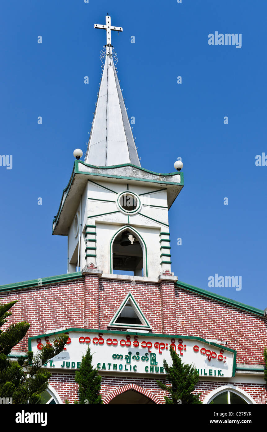 Steeple with cross of Saint Jude's Catholic Church in Tachileik Myanmar Stock Photo
